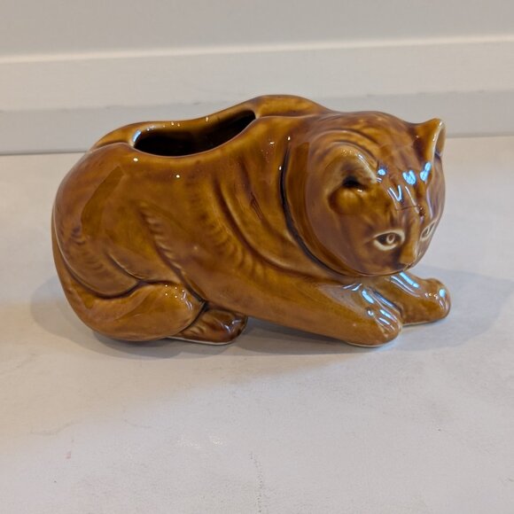 Vintage Small Ceramic High Gloss Ginger Cat Planter - Picture 1 of 14